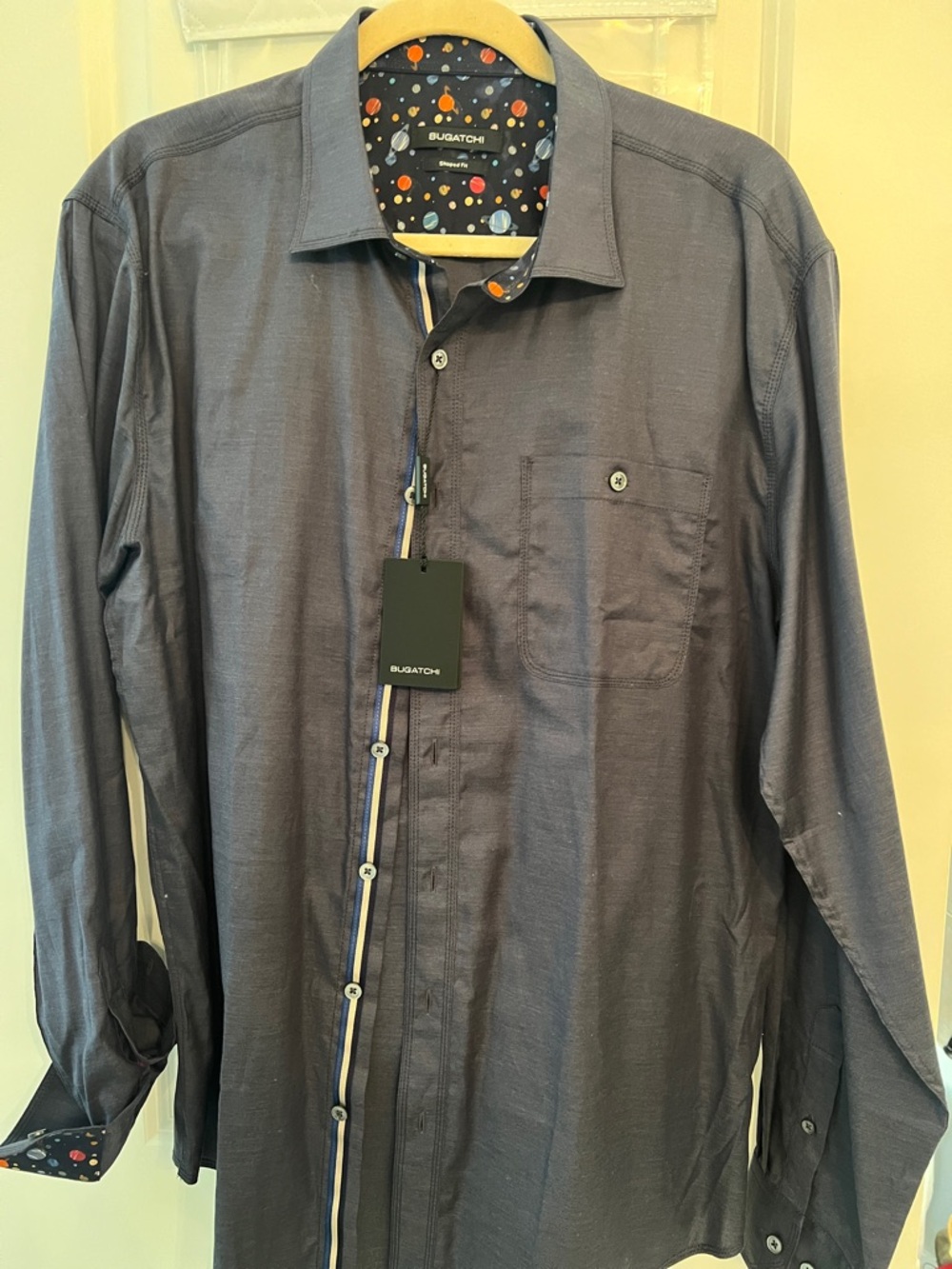 Bugatchi Navy Long-Sleeve Button-Down Shirt with Contrast Trim